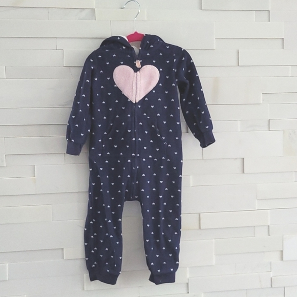 Carter's WARM HOODED FLEECE ONE PIECE BLUE WITH PINK HEARTS SIZE18 MONTHS - Picture 1 of 11
